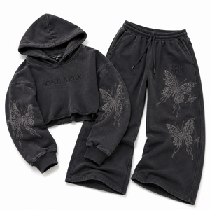 ONEAPEX SPORTS WEAR Survêtement pour femme avec sweat à capuche court gris anthracite orné de strass papillon, en coton épais de qualité supérieure, coupe large - Product Image 4