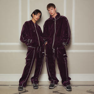 Ensemble survêtement en velours surdimensionné, pantalon de survêtement en velours, jogging, ensemble de survêtement d'hiver avec fermeture éclair, streetwear, uni, coupe-vent, unisexe - Product Image 1