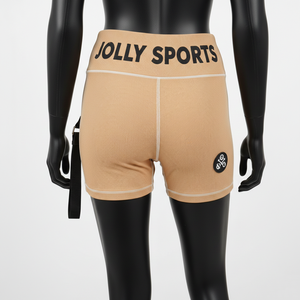 กางเกงขาสั้นออกกำลังกายผู้หญิง คุณภาพสูง 245 GSM ผ้าริบถัก โพลีเอสเตอร์ สแปนเด็กซ์ สีเบจ แต่งแถบปักโลโก้ ทรงบู้ตี้ - Product Image 2