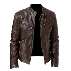 Chaqueta de cuero PU de piel de vaca de talla grande para hombre de estilo callejero, chaqueta ajustada con cuello levantado, solapa de motocicleta antiviento, cremallera Diagonal - Product Image 2