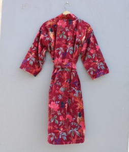 Kimono de terciopelo de algodón 100% para mujer, bata de verano, invierno, Floral, con cuello en V, cinturón, albornoz, Maxi vestido indio hecho a mano - Product Image 6