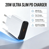 Chargeur rapide USB C PD3.0 20W ultra fin, adaptateur secteur prise EU compatible avec iPhone, Samsung Galaxy Series