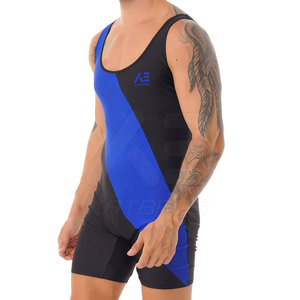 KATBROS Maillot de lutte pour homme, noir et bleu, col en V, sans manches, ajusté, en Spandex et Polyester, respirant et anti-humidité - Product Image 4