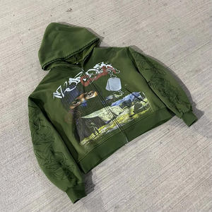 Sudadera con capucha extragrande con cremallera, diseño gráfico desgastado y efecto descolorido por el sol, de punto, corta, con logo personalizado DTG, para hombre, fabricante - Product Image 2