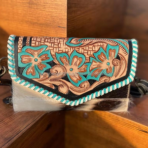 Nueva funda de teléfono de embrague de cuero tallado a mano, elegante cartera turquesa de cuero de vaca para mujer, Mini bolsos de cuero genuino - Product Image 2