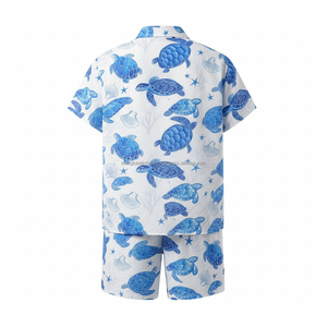 Ensemble personnalisé OEM pour homme avec imprimé tortue - Chemise à manches courtes et short bleu Marine, tenue d'été 2 pièces - Product Image 2