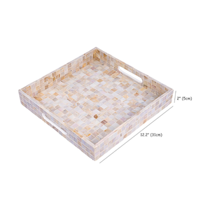 Plateau de service à café carré Capiz naturel moderne fabriqué à la main plateau de service ottoman décoratif avec poignées d'insertion du Vietnam - Product Image 4