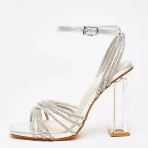 2024 European And American Fashion Crystal Heel Sandals With Diamond Cross Straps And Square Head High Heels For Women