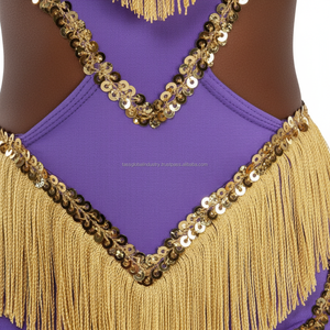 Costume de danse violet élégant avec des accents de franges dorées, tenue de performance à une manche pour femmes avec des manchons assortis - Product Image 5