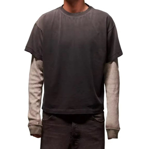 เสื้อถักวาฟเฟิลวินเทจแบบกำหนดเองเสื้อยืดผ้าฝ้าย100% สองชั้นแขนยาวสต็อกสไตล์วินเทจซักแบบลำลอง - Product Image 6