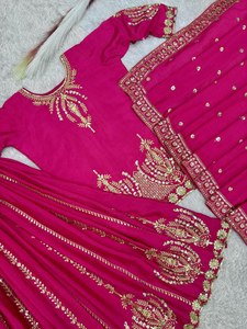 Rani Multi Color Designer Bride Special Wedding & <b>Party</b> Wear Georgette Silk with Embroidered Work <b>Top</b> & Sharara Set - Product Image 5