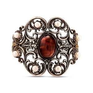 925 Sterling <b>Silver</b> Antique Byzantine <b>Cuff</b> <b>Bracelet</b> with Pearl and Tiger Eye Stone Fashionable and Elegant - Product Image 3