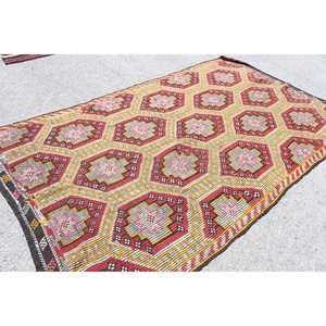 Grand tapis turc vintage 5,6x9,7 pieds, tapis en laine rouge et jaune uni - Product Image 2
