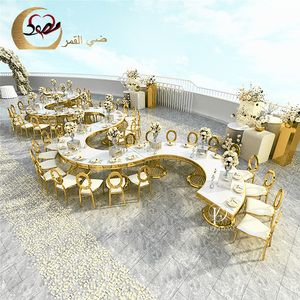 Wedding Furniture Customized Romantic&Elegant Modern Golden Stainless Steel Tempered Glass <b>Top</b> Half Moon Dining <b>Table</b> Set - Product Image 1