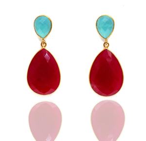 Pendientes de Plata de Ley 925 Chapados en Oro de Alta Calidad, Diseño Nuevo, Hechos a Mano con Calcedonia Natural y Rubí, Regalo Clásico para Fiestas - Product Image 1