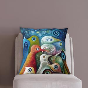 Coussin imprimé moderne avec oiseaux abstraits bleus, coussin décoratif au ciel étoilé surréaliste, 12"x24" - 30x60 cm - Product Image 1