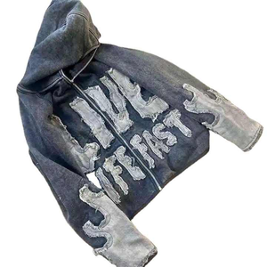 Style Unique Broderie Patchwork Distressed Applique Patch Singe Acide Lavage Personnalisé Graphique Zipper Vintage Hoodie - Product Image 4