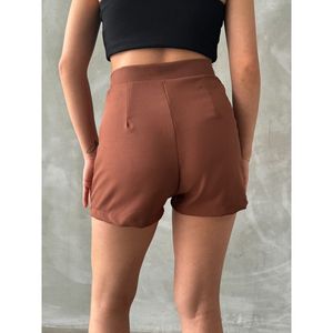 Topshow Women's Dark Brown Decorative Button Wholesale Shorts - Stylish Polyester Casual Summer Wear - Product Image 3
