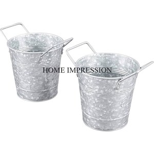 Jardinières décoratives en métal couleur argent pour la maison Jardinières rondes décoratives intérieures et extérieures avec poignée Lot de 2 pots de fleurs - Product Image 1