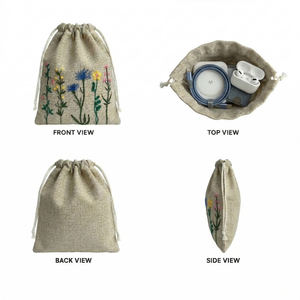 Bolsa de Algodón Reutilizable con Cordón, Ecológica, Duradera, con Bordado Floral Amarillo, Diseño Elegante para Guardar Artículos Pequeños - Product Image 4