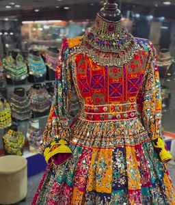 Traditional Afghani Vintage Womens Linen Satin Dress High Slit Ruffles Button <b>Detail</b> Bold Color Unique Embroidery Natural - Product Image 5