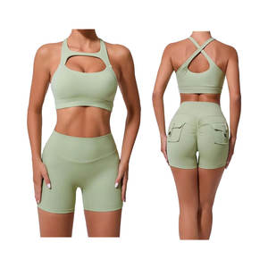 Ensemble de yoga sans couture pour femmes soutien-gorge de sport à bretelles et short de sport 2 pièces entraînement Fitness costume Impact Sportswear - Product Image 3