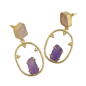 Boucles d'oreilles pendantes en laiton et calcédoine, faites à la main - Style tendance et classique pour femmes - Product Image 4