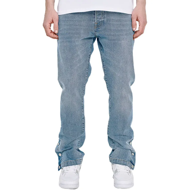 OEM Biểu Tượng Tùy Chỉnh Màu Xanh Người Đàn Ông Quần Jean Nút Bên Skinny Người Đàn Ông Của Jeans Chất Lượng Cao Baggy Xếp Chồng Lên Nhau Denim Các Nhà Sản Xuất Jeans Cho Nam Giới