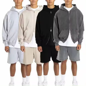 ชุดเซ็ตเสื้อฮู้ดซิปและกางเกงขาสั้นผู้ชายสไตล์วินเทจ ล้างสีแบบแอซิด  ชุดสองชิ้นสำหรับผู้ชาย เสื้อฮู้ดซิปคู่สำหรับผู้ชาย - Product Image 5