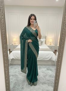 ผ้าซารีสำหรับผู้หญิงผู้ใหญ่ ผ้าจอร์เจตต์ชัทไน์ พรีเมียม พร้อมขอบผ้าไหมจอร์เจตต์แท้ และงานปักทั่วผืน - Product Image 4