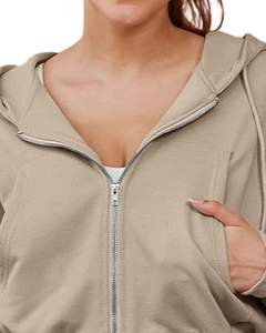 Sudadera con Capucha Corta para Mujer, Color Beige, Corte Holgado, Manga Larga, con Cordón, Estilo Casual, para Uso Diario - Product Image 4
