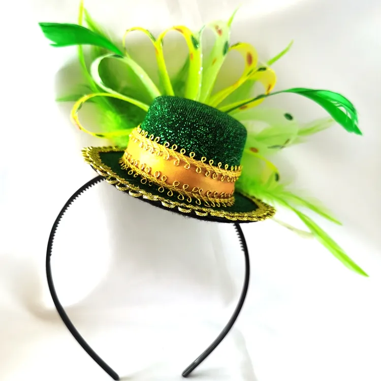 Haiwin Party St. Patrick's Day Irish Green Mini Top Hat Feathered Headband for Irish Festival