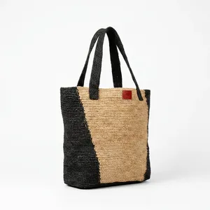 Sac cabas en raphia à panneaux noir et naturel, couleur unie, fermeture éclair, style bohème, sac de shopping toutes saisons - Product Image 4