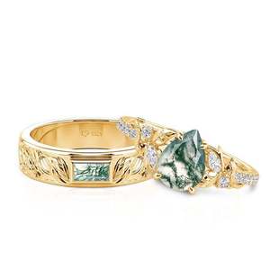 Jeulia Nature Inspired Leaf Carved Moss Agate Couple <b>Rings</b> <b>Set</b> - Product Image 2