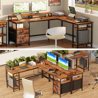 Bureau d'ordinateur en forme de L pour la maison avec support d'écran de bureau, bureau d'ordinateur, table de jeu avec prise de courant et tiroir pour dossiers