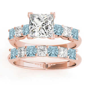 14k Rose Gold <b>Fine</b> <b>Jewelry</b> <b>Set</b> Princess Cut Diamond & Aquamarine 1.30ct Bridal <b>Set</b> - Product Image 1