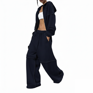 Dernier design, survêtement décontracté pour femme avec logo personnalisé, qualité supérieure, 100% coton, coupe ample, hauts à fermeture éclair, ensemble assorti uni - Product Image 4