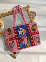 Sac fourre-tout tendance en broderie perlée et impression typographique - Sac à main rose personnalisable fait main avec poissons tropicaux et coquillages, sac coloré