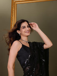 Trendmalls Sari en Georgette Brodé pour Femme avec Pièce de Blouse Non Cousue (K1009) Noir Style Fête pour Été Hiver Mariage - Product Image 3