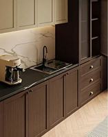 Meubles de cuisine modulaires personnalisables en verre et résine avec quincaillerie DTC à fermeture douce, rangement multifonctionnel, design de cuisine moderne sur mesure