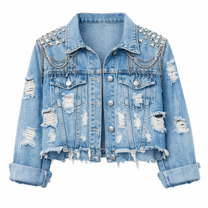 Veste en jean jacquard asymétrique à logo personnalisé gothique pour femmes déchiqueté court à manches longues jean court bouton diamant léopard décontracté - Product Image 1