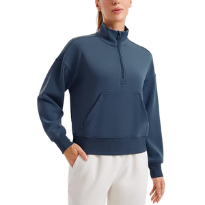 <b>Womens</b> Dark Blue <b>Quarter</b> <b>Zip</b> <b>Sweatshirt</b> 100 Percent Cotton Stand Collar Front Pocket Long Sleeve Pullover Custom Label Casual - Product Image 1