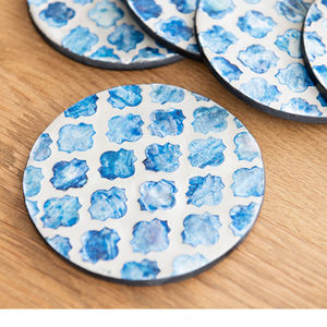 Tienphong 2024 'QUATREFOIL' Mother of Pearl <b>Coasters</b> with Holder - <b>Blue</b> Table Protection Mats & Pads Table Accessories - Product Image 2
