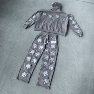 Chándal de algodón de 500GSM para hombre, logotipo personalizado bordado, Sudadera con capucha de gran tamaño, cremallera, diamantes de imitación, decoración, parche para correr, pantalones de chándal sólidos - Product Image 4