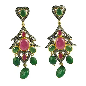 Pendientes de Mujer con Baño de Oro, Esmeralda y Rubí, Joyería - Product Image 1