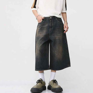 Pantalones cortos de mezclilla de algodón lavado oscuro desgastados holgados de Jorts, pantalones vaqueros de moda Vintage para hombre, pantalones cortos para hombre con logotipo personalizado, pantalones cortos desgastados - Product Image 5