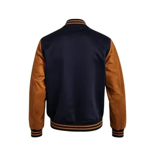 Chaqueta universitaria azul marino con cuerpo de lana y mangas de cuero color canela - Product Image 2