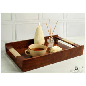 Plateau à dessert élégant pour la maison Plateau en bois au design unique avec poignées en métal noir pour le service à l'hôtel - Product Image 3