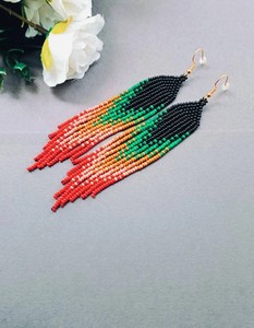 Beaded <b>Earrings</b>, Green <b>Red</b> Long <b>Earrings</b>, Fringe <b>Earrings</b>, Boho <b>Earrings</b>, Seed Bead <b>Earrings</b> - Product Image 2