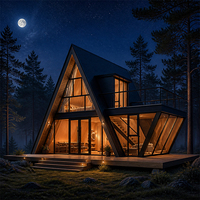 Maison modulaire en forme de A avec salle de bain, chambre et fenêtres panoramiques en verre